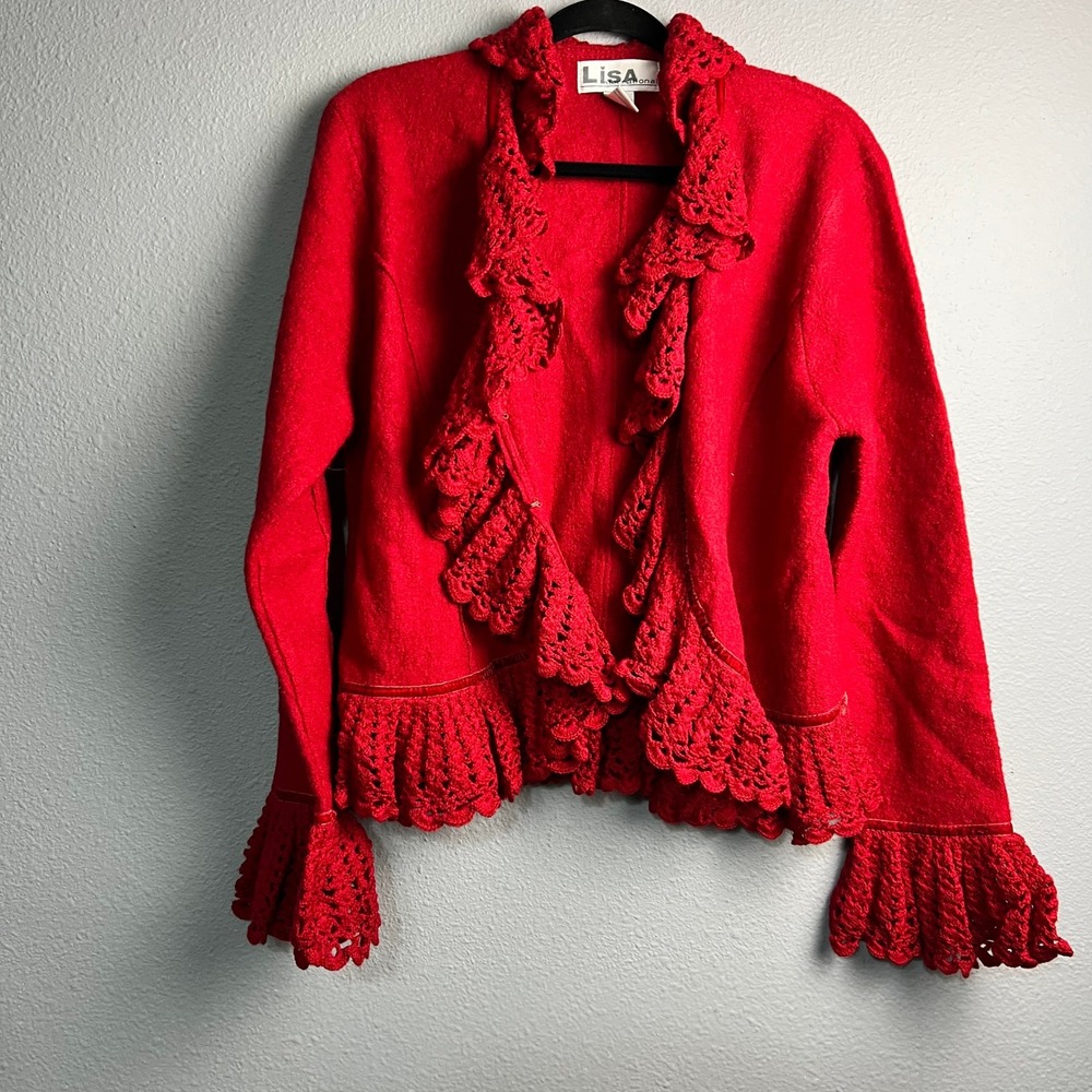 Lisa International Red Boiled Wool Crocheted Ruffle Collar Fringe Sexy Sweater L